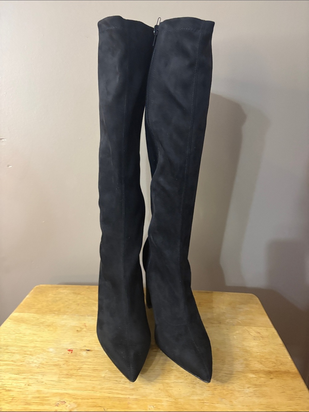 Newbella Suede Black Knee-High Pointed Toe Boots. Square heel